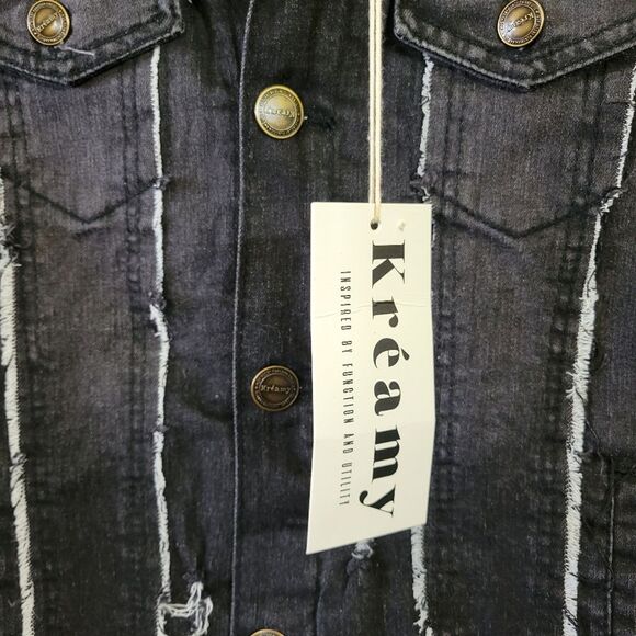 Boutique Brand Sherpa Lined Black Denim Jean Jacket Raw Frayed Hem Size XS/Small - Picture 8 of 11